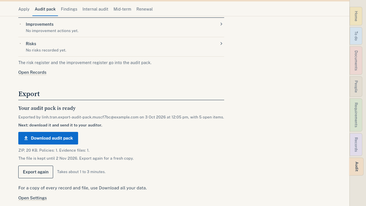 The audit pack ready to download