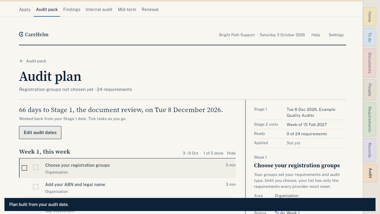 The audit plan with weeks of tasks