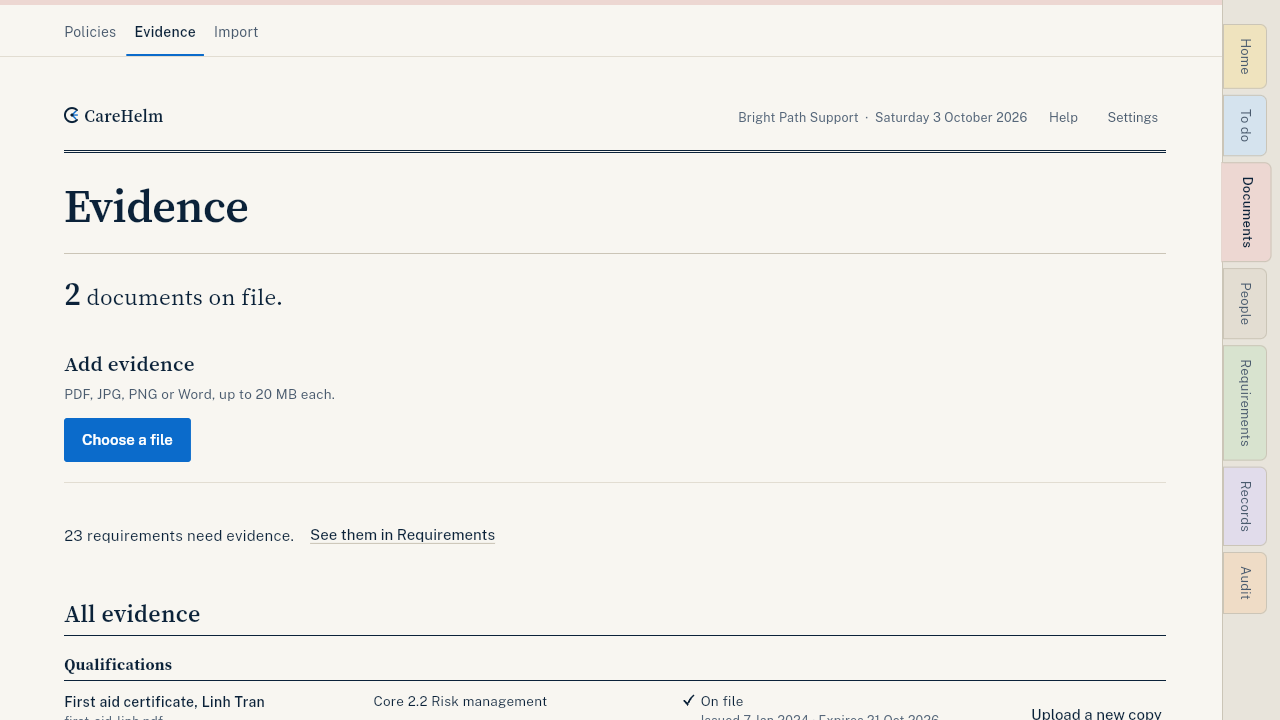 A document due for renewal with Upload a new copy