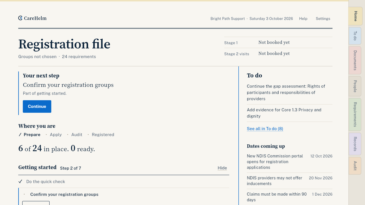Home with the getting-started list and the next step